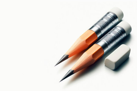 Two pencils with an eraser on a light background. Space for textの素材