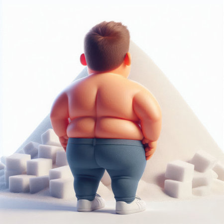 A fat boy stands in front of a mountain of sugar. Space for textの素材