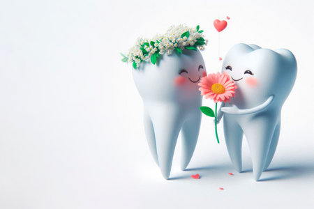 Two smiling teeth are in love and give each other flowers. Space for textの素材