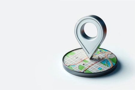 A mark on the map, a three-dimensional geolocation icon. Space for textの素材