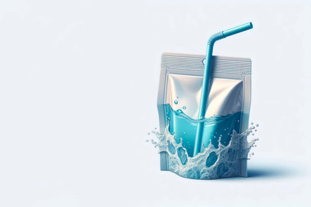 A bag of water and a straw with splashes on a clean background. Space for textの素材