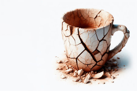 A fragile clay cup at the moment of disintegration. Space for textの素材