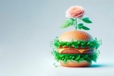 A vegan burger with a flower instead of a top. Space for textの素材