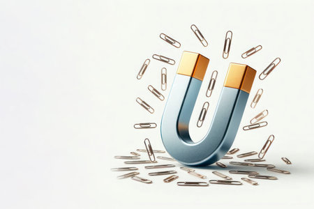 A gray magnet with gold ends and paper clips on the background. Space for textの素材