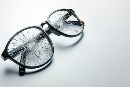 Glasses with broken lenses on a light background. Space for textの素材
