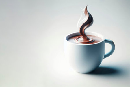 Mug with a curl of hot chocolate on a light background. Space for textの素材