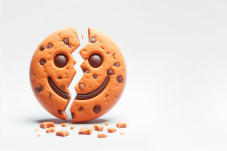 A cookie in the shape of a smiley face broken in half. Space for textの素材