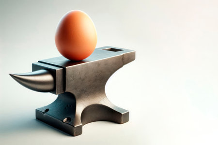 An egg on an anvil, a symbol of fragility and strength. Space for textの素材