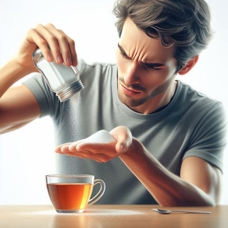 A man pours sugar into his hand instead of tea. Space for textの素材