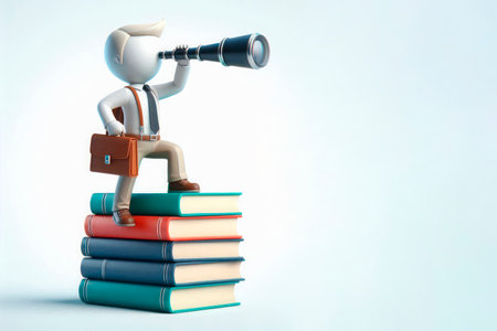 A business man with binoculars stands on a stack of books, looking into the distance. Space for textの素材