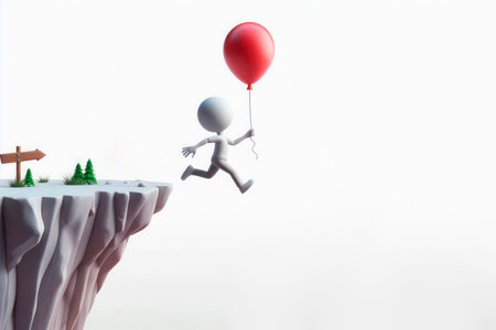 A man with a balloon jumps off a cliff. Space for textの素材