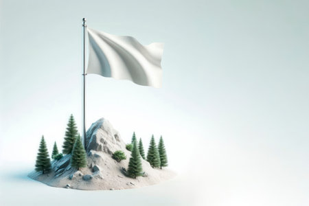 A white flag is set on top of a rocky mountain with fir trees. Space for textの素材