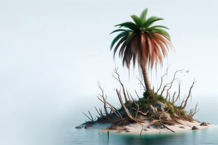 A lonely palm tree on a small island among branches and sand. Space for textの素材