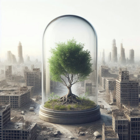A tree in a glass capsule in the middle of a ruined city after the apocalypseの素材