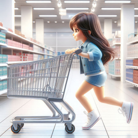 A girl with a shopping cart runs around the store in joyの素材