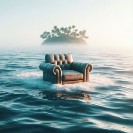 A leather chair floats across the ocean to the islandの素材