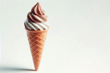 Waffle cone with soft ice cream of two colors on a light background. Space for textの素材