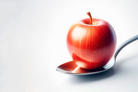 A red apple lying on a spoon, on a light background. Space for textの素材