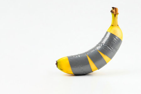A banana wrapped with gray electrical tape on a white background. Space for textの素材