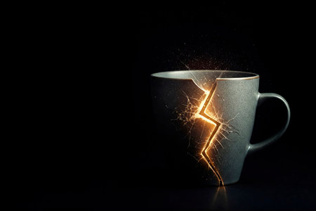 A crack with a glow in a ceramic cup on a dark background. Space for textの素材