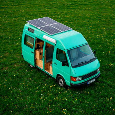 A mobile home with solar panels against a green fieldの素材