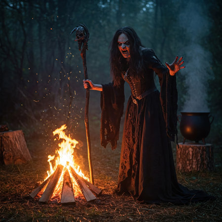 A witch performs a ritual around a campfire at night in the forestの素材