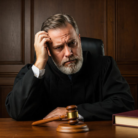 A judge in a robe sits thoughtfully at a table with a hammerの素材