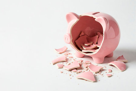 A pink broken piggy bank with shards on a light background. Space for textの素材