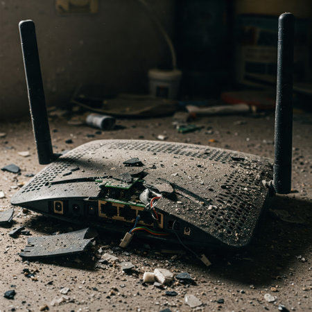 A broken and dusty Wi-Fi router in an abandoned roomの素材
