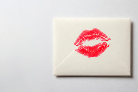 A white envelope with a bright red lip print. Space for textの素材