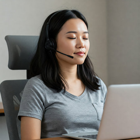 An operator in headphones meditates in front of a laptopの素材