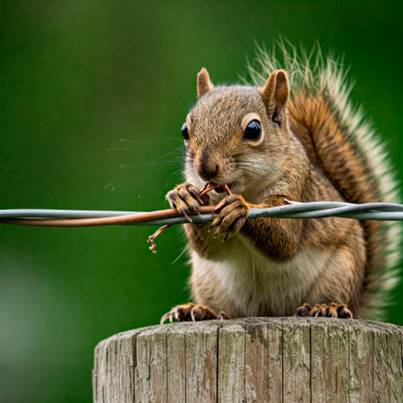 A squirrel gnaws on an electric wire on a poleの素材