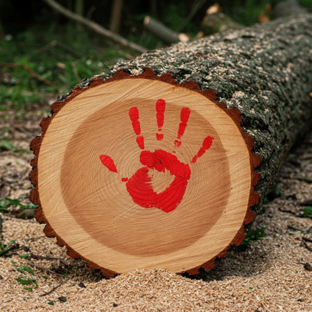 A sawn tree with a red handprintの素材