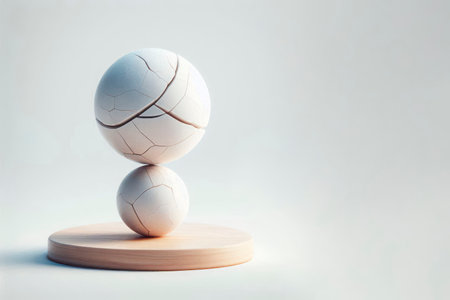 Fragile spherical sculptures on a wooden stand. Space for textの素材