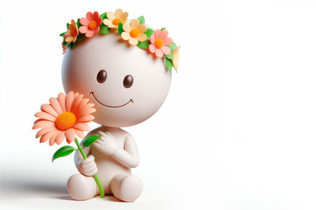 Smiley face with a wreath of flowers holding a daisy. Space for textの素材