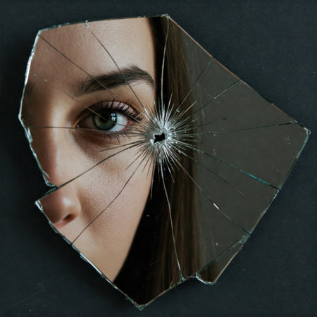 Reflection of the girl's eye in a broken mirror with cracksの素材
