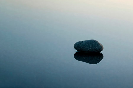 Stone lying on the surface of water with reflection. Space for textの素材