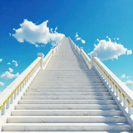 A white staircase leading to the sky among the cloudsの素材