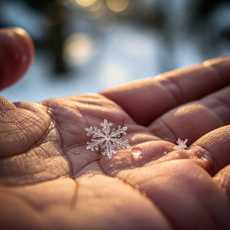 A snowflake lies in the palm of your hand in the sunlightの素材