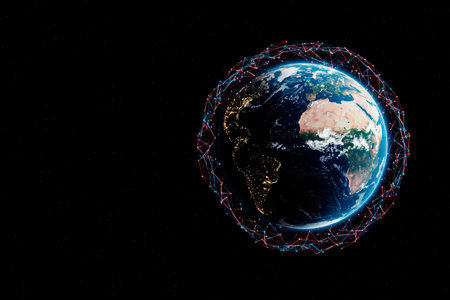 Earth in a digital network, a connected world of the future. Space for textの素材