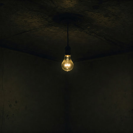 A burning light bulb in a dark roomの素材