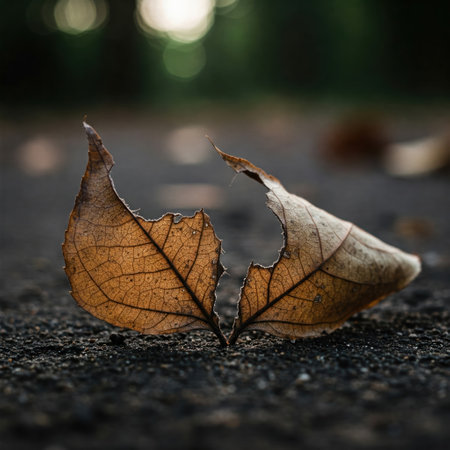 A dried brown leaf with veins lies on the groundの素材