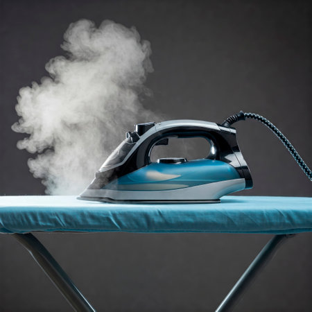 Iron with steam on an ironing boardの素材