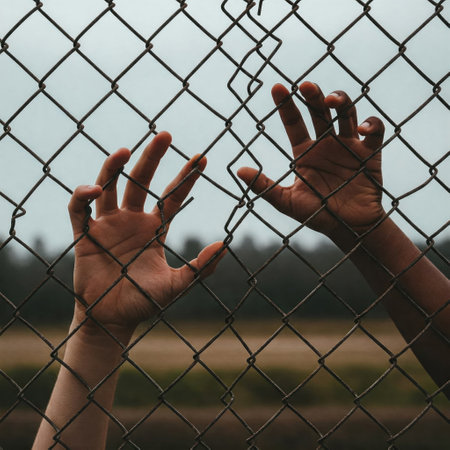 Hands pressing against the fence meshの素材