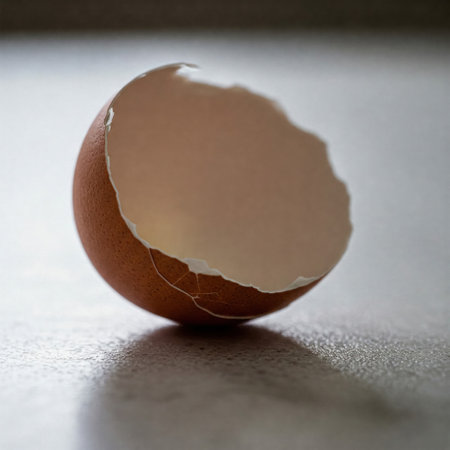 A broken eggshell standing on the edge of the tableの素材