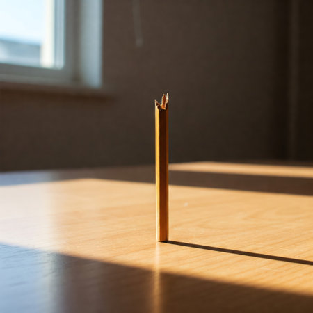 A broken pencil stands upright on a wooden tableの素材