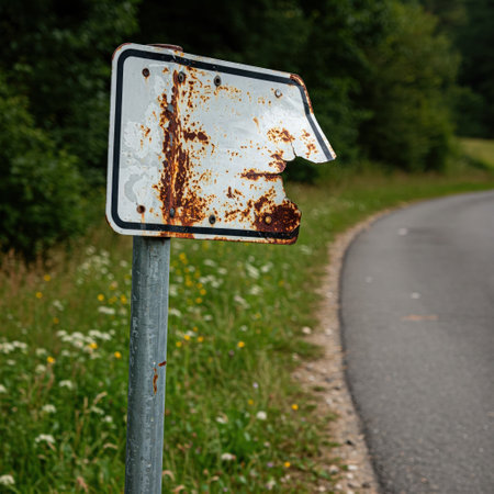 An old rusty road sign by the side of the roadの素材
