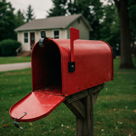 A red mailbox with a house and a green lawn in the backgroundの素材