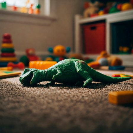 A toy dinosaur on a carpet, a memory of childhoodの素材