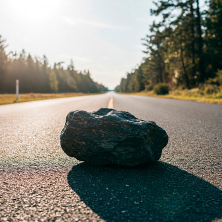 Stone on the road on a sunny day in the middle of the forestの素材